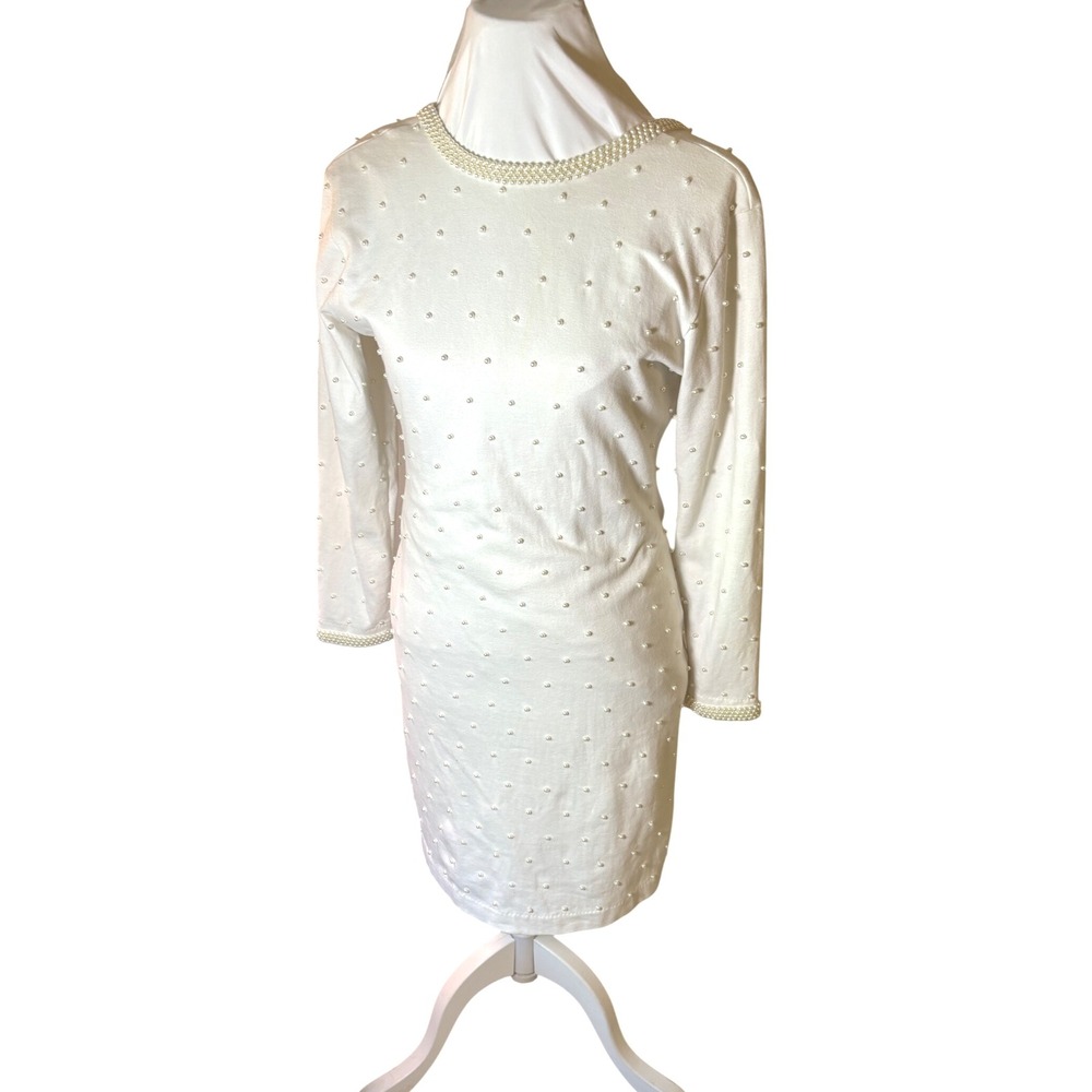 Vintage 90's ET AL Pearl Beaded Dress Bodycon Cocktail Party Long Sleeve Size 10